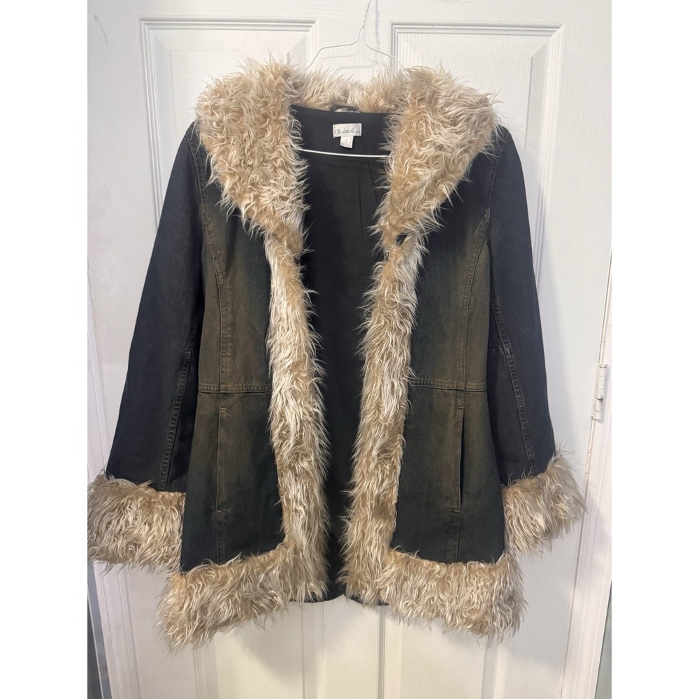 Vintage Charlotte Russe Women's Penny Lane Denim Jacket Fur Trim Y2K L Distress